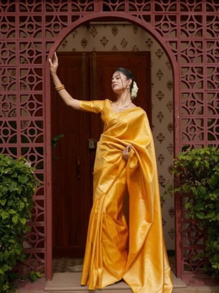 Golden Glow Banarasi Soft Silk Saree with Fine Zari Great for Haldi Look at Wholesale Rate Sarees 