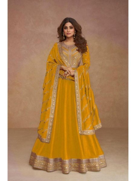 Golden Glow Mustard Silk Anarkali Suit for Haldi & Wedding Celebrations Anarakali Gown Wholesale
