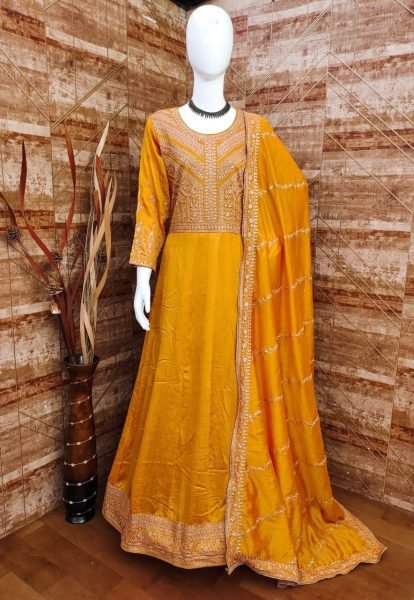 Golden Glow Mustard Silk Anarkali Suit for Haldi & Wedding Celebrations Anarakali Gown Wholesale