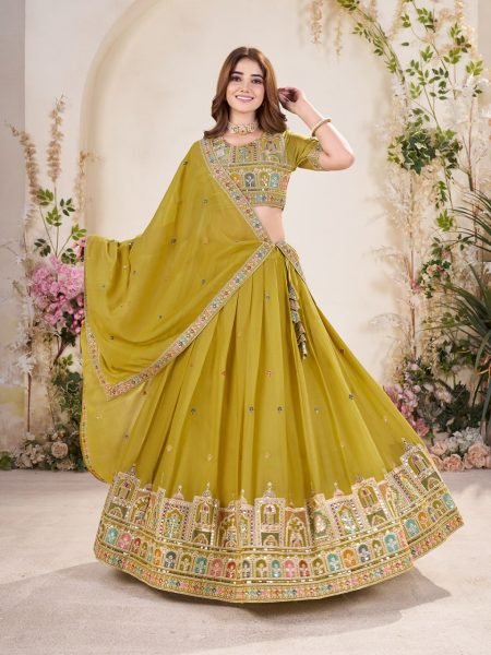 Golden Glow Mustard Yellow Lehenga Sequin & Thread Embroidery for Haldi Celebrations Designer Lehenga Choli