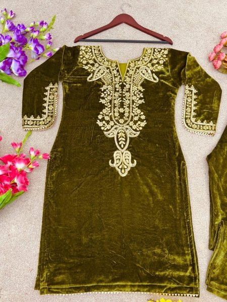 Golden Mehendi Green Viscose Velvet Embroidered Kurti   Pant Set Winter Wear Kurti With Bottom Wholesale