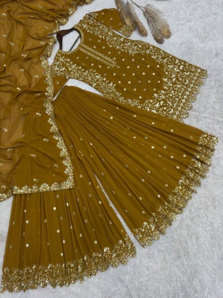 Golden Mustard Georgette Embroidery Suit with Dupatta Premium Pakistani Outfit for Women Ready To Wear Collection