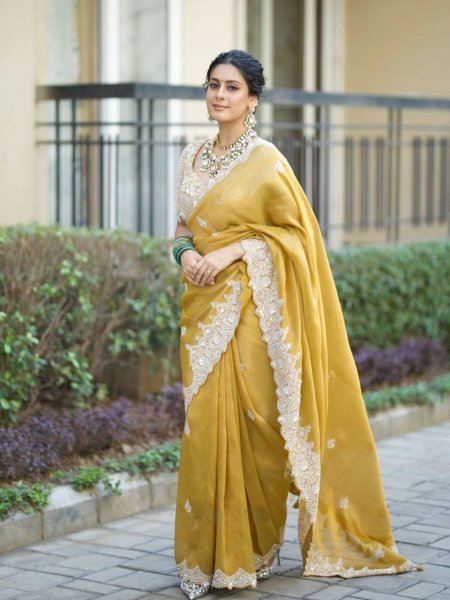 Golden Mustard Tabby Silk Saree Elegant Embroidery with Luxe Border Finish 