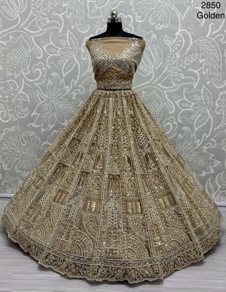 Golden Net Lehenga Choli Zari  Zircon   Embroidered Elegance and Motif Embroidery Bridal Party Wear Bridal Lehenga Choli