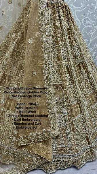 Golden Net Lehenga Choli Zari  Zircon   Embroidered Elegance and Motif Embroidery Bridal Party Wear Bridal Lehenga Choli