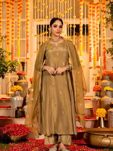 Golden Olive Chanderi Silk Anarkali Kurta And Organza Dupatta Set Kurtis