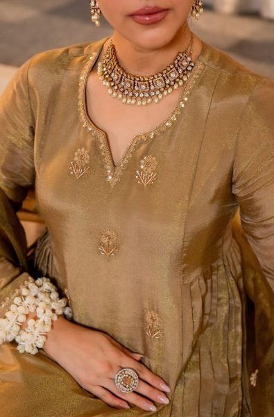 Golden Olive Chanderi Silk Anarkali Kurta And Organza Dupatta Set Anarkali Kurtis 