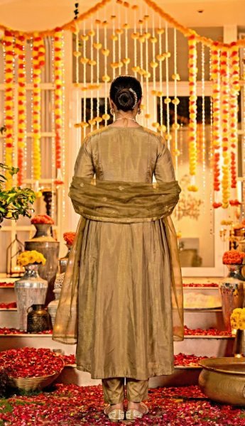 Golden Olive Chanderi Silk Anarkali Kurta And Organza Dupatta Set Anarkali Kurtis 