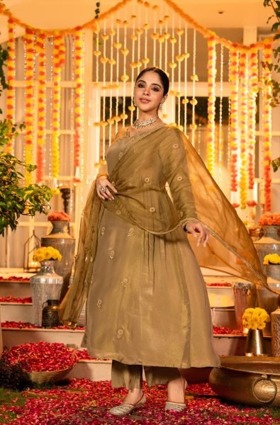 Golden Olive Chanderi Silk Anarkali Kurta And Organza Dupatta Set Anarkali Kurtis 