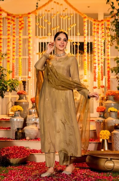Golden Olive Chanderi Silk Anarkali Kurta And Organza Dupatta Set Anarkali Kurtis 