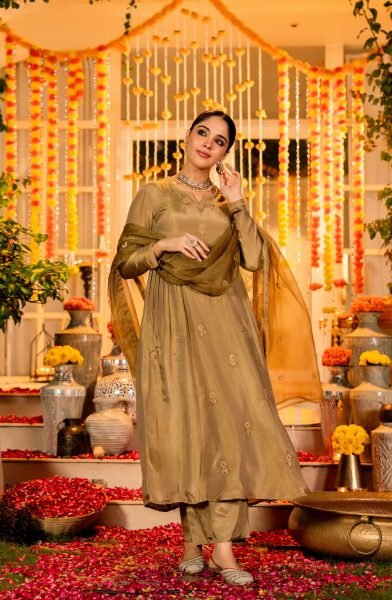 Golden Olive Chanderi Silk Anarkali Kurta And Organza Dupatta Set Anarkali Kurtis 