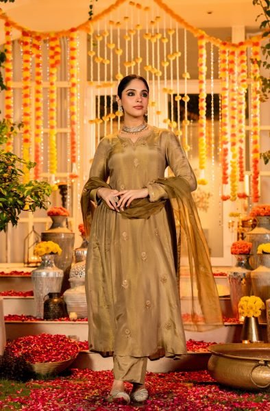 Golden Olive Chanderi Silk Anarkali Kurta And Organza Dupatta Set Anarkali Kurtis 