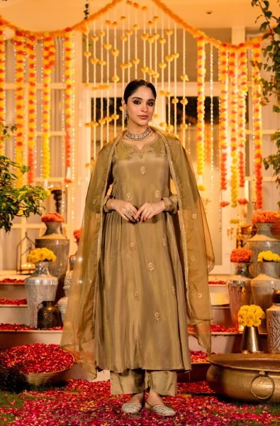 Golden Olive Chanderi Silk Anarkali Kurta And Organza Dupatta Set Anarkali Kurtis 