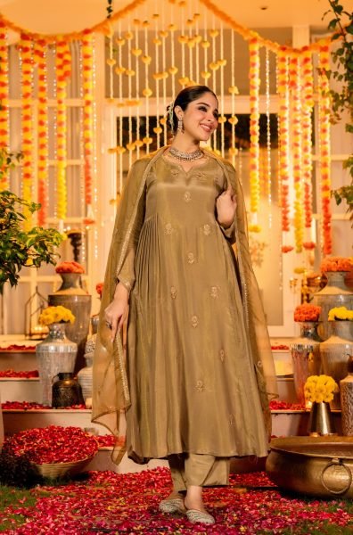 Golden Olive Chanderi Silk Anarkali Kurta And Organza Dupatta Set Anarkali Kurtis 