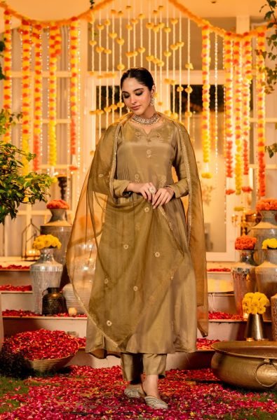 Golden Olive Chanderi Silk Anarkali Kurta And Organza Dupatta Set Anarkali Kurtis 