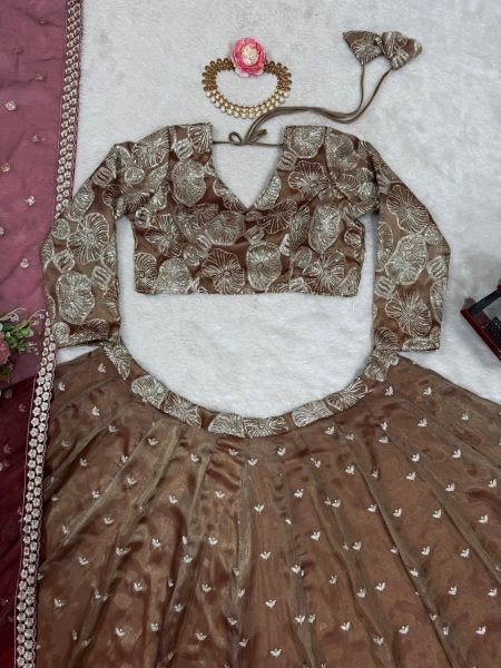 Golden Olive Jimi Choo Embroidered Lehenga Set Thread   Sequin Work Semi Stitched with Butterfly Net Dupatta Designer Lehenga Choli