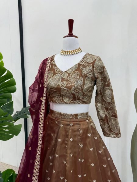 Golden Olive Jimi Choo Embroidered Lehenga Set Thread   Sequin Work Semi Stitched with Butterfly Net Dupatta Designer Lehenga Choli