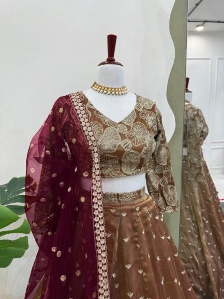 Golden Olive Jimi Choo Embroidered Lehenga Set Thread   Sequin Work Semi Stitched with Butterfly Net Dupatta Designer Lehenga Choli