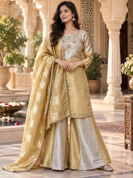 Golden Silver Designer Banarasi Viscose Palazzo Suit with Zari Patta Dupatta For Festival Kurtis