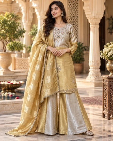 Golden Silver Designer Banarasi Viscose Palazzo Suit with Zari Patta Dupatta For Festival 3 Piece Kurti Set