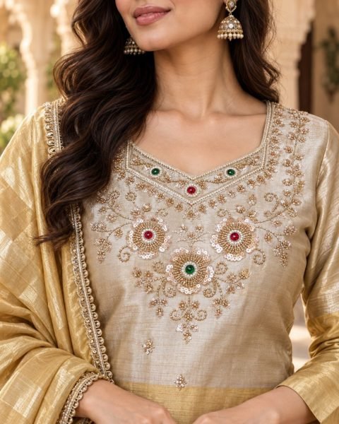 Golden Silver Designer Banarasi Viscose Palazzo Suit with Zari Patta Dupatta For Festival 3 Piece Kurti Set