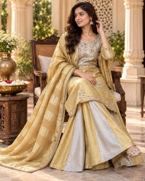 Golden Silver Designer Banarasi Viscose Palazzo Suit with Zari Patta Dupatta For Festival 3 Piece Kurti Set
