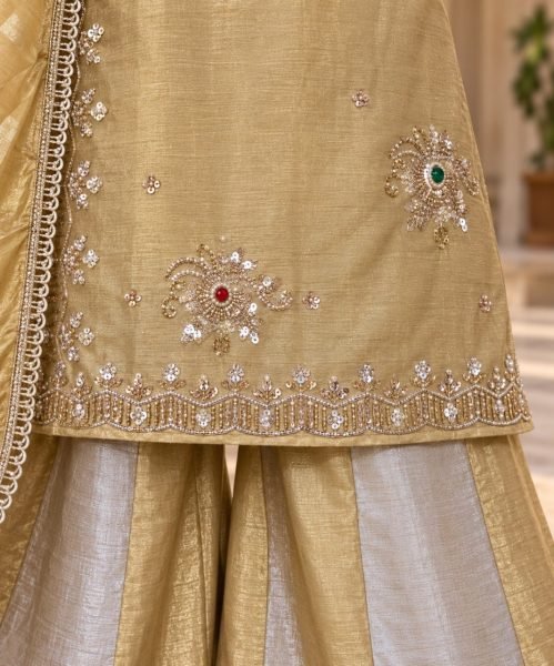 Golden Silver Designer Banarasi Viscose Palazzo Suit with Zari Patta Dupatta For Festival 3 Piece Kurti Set