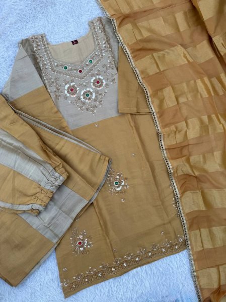 Golden Silver Designer Banarasi Viscose Palazzo Suit with Zari Patta Dupatta For Festival 3 Piece Kurti Set