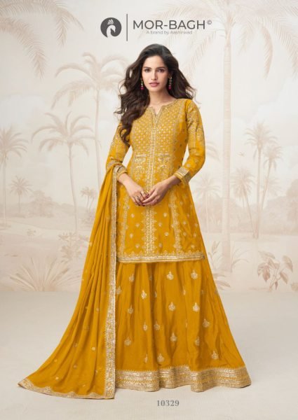  Golden Yellow Mumtaz Suit Mor Bagh Chinon Salwar Kameez Designer Plazzo Salwar Suits Wholesale