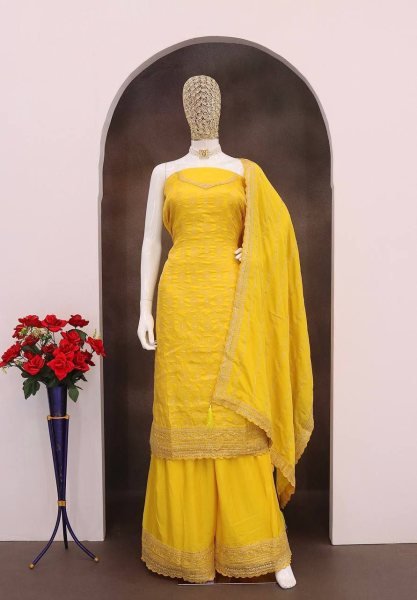 Golden Yellow Punjabi Palazzo Suit Multi Work Elegance for Festive Wear Designer Plazzo Salwar Suits Wholesale