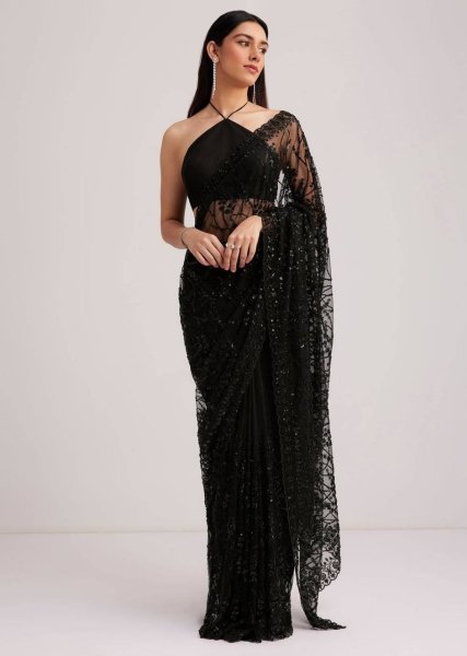 Gorgeous Black Butterfly Net Embroidered Saree with Designer Blouse for Manufacturer  Bollywood Fancy Sarees Wholesale