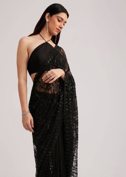 Gorgeous Black Butterfly Net Embroidered Saree with Designer Blouse for Manufacturer  Bollywood Fancy Sarees Wholesale