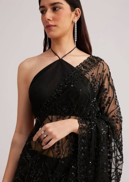 Gorgeous Black Butterfly Net Embroidered Saree with Designer Blouse for Manufacturer  Bollywood Fancy Sarees Wholesale