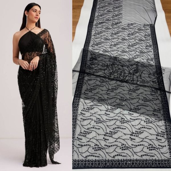 Gorgeous Black Butterfly Net Embroidered Saree with Designer Blouse for Manufacturer  Bollywood Fancy Sarees Wholesale