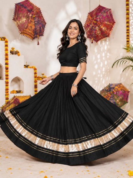 Gorgeous Black Designer Rayon Cotton Chaniya Choli with Gold Lace Work for Navratri Festivals  Lehenga