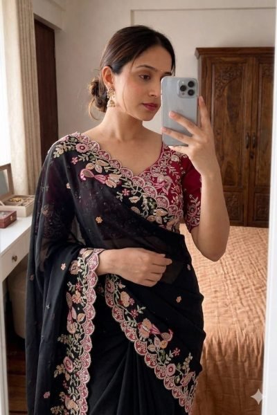Gorgeous Black Georgette Saree with Heavy Embroidery Work Embroidery Sarees Wholesale