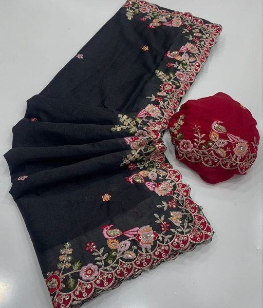Gorgeous Black Georgette Saree with Heavy Embroidery Work Embroidery Sarees Wholesale