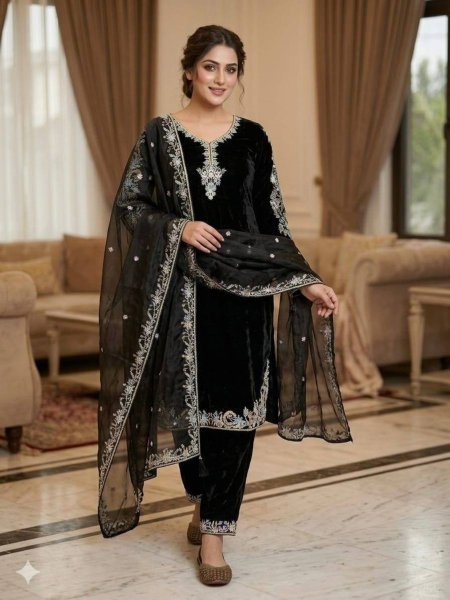 Gorgeous Black GMY Silk Embroidered Suit Set with Pant and Dupatta for Women Ready To Wear Suit