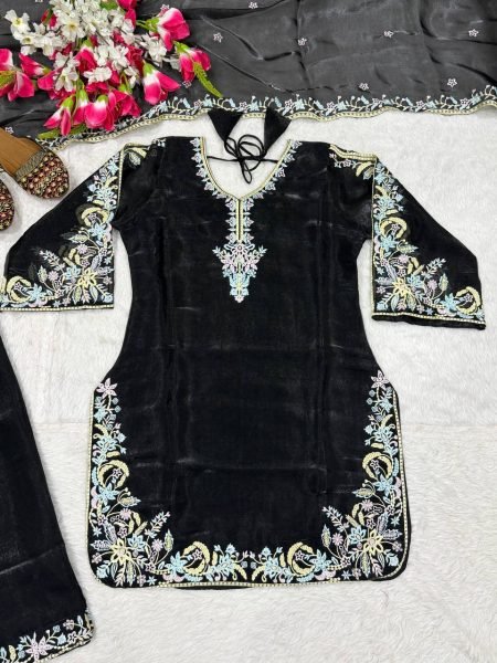 Gorgeous Black GMY Silk Embroidered Suit Set with Pant and Dupatta for Women Ready To Wear Collection