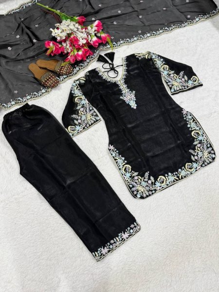 Gorgeous Black GMY Silk Embroidered Suit Set with Pant and Dupatta for Women Ready To Wear Collection