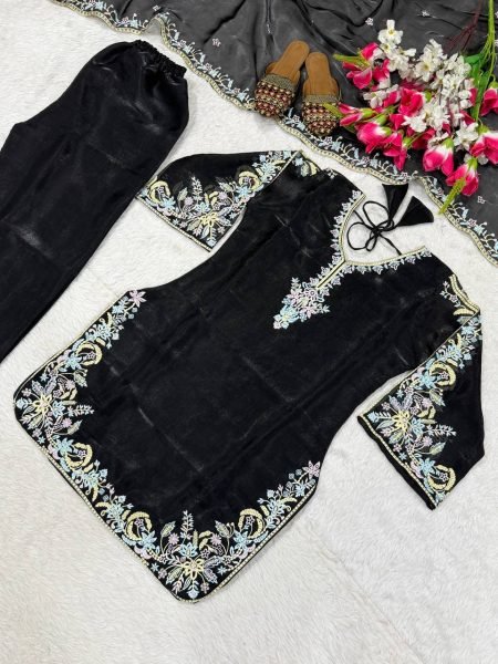 Gorgeous Black GMY Silk Embroidered Suit Set with Pant and Dupatta for Women Ready To Wear Collection