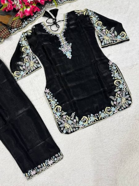 Gorgeous Black GMY Silk Embroidered Suit Set with Pant and Dupatta for Women Ready To Wear Collection