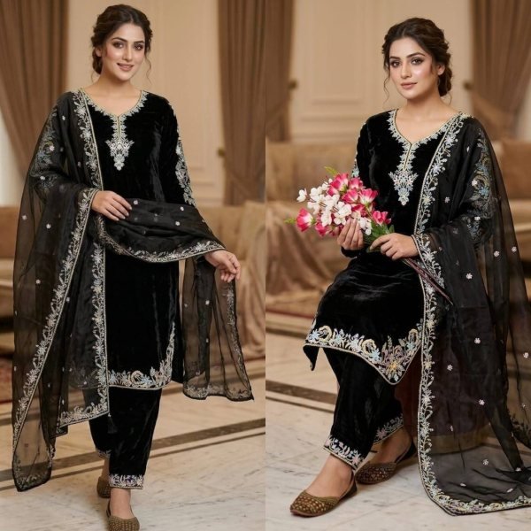 Gorgeous Black GMY Silk Embroidered Suit Set with Pant and Dupatta for Women Ready To Wear Collection