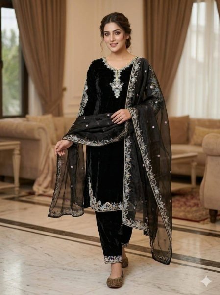 Gorgeous Black GMY Silk Embroidered Suit Set with Pant and Dupatta for Women Ready To Wear Collection