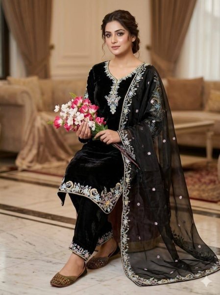 Gorgeous Black GMY Silk Embroidered Suit Set with Pant and Dupatta for Women Ready To Wear Collection