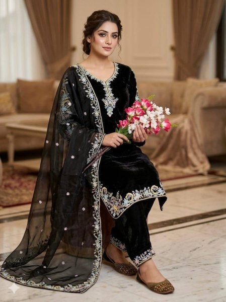 Gorgeous Black GMY Silk Embroidered Suit Set with Pant and Dupatta for Women Ready To Wear Collection
