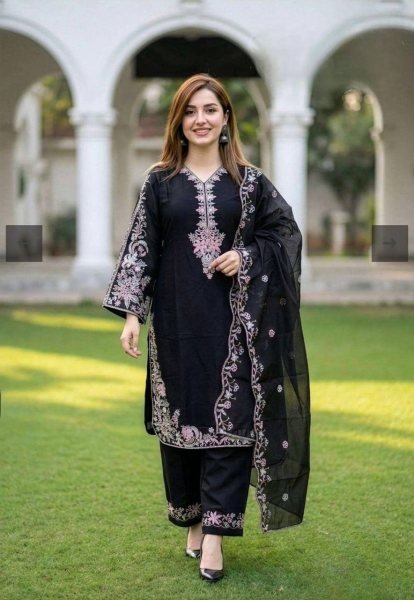 Gorgeous Black GMY Silk Embroidered Suit Set with Pant and Dupatta for Women Ready To Wear Collection