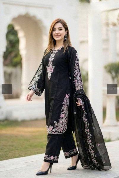 Gorgeous Black GMY Silk Embroidered Suit Set with Pant and Dupatta for Women Ready To Wear Collection