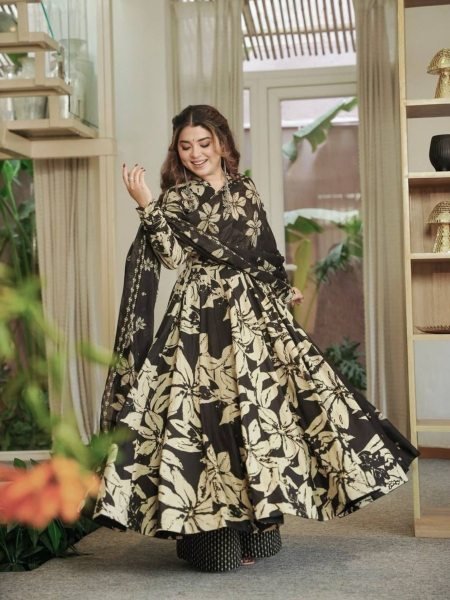 Gorgeous Black Maslin Cotton Digital Print Anarkali Suit with Chiffon Dupatta Ready To Wear Suit
