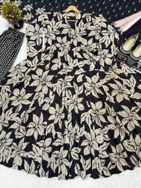 Gorgeous Black Maslin Cotton Digital Print Anarkali Suit with Chiffon Dupatta Ready To Wear Collection